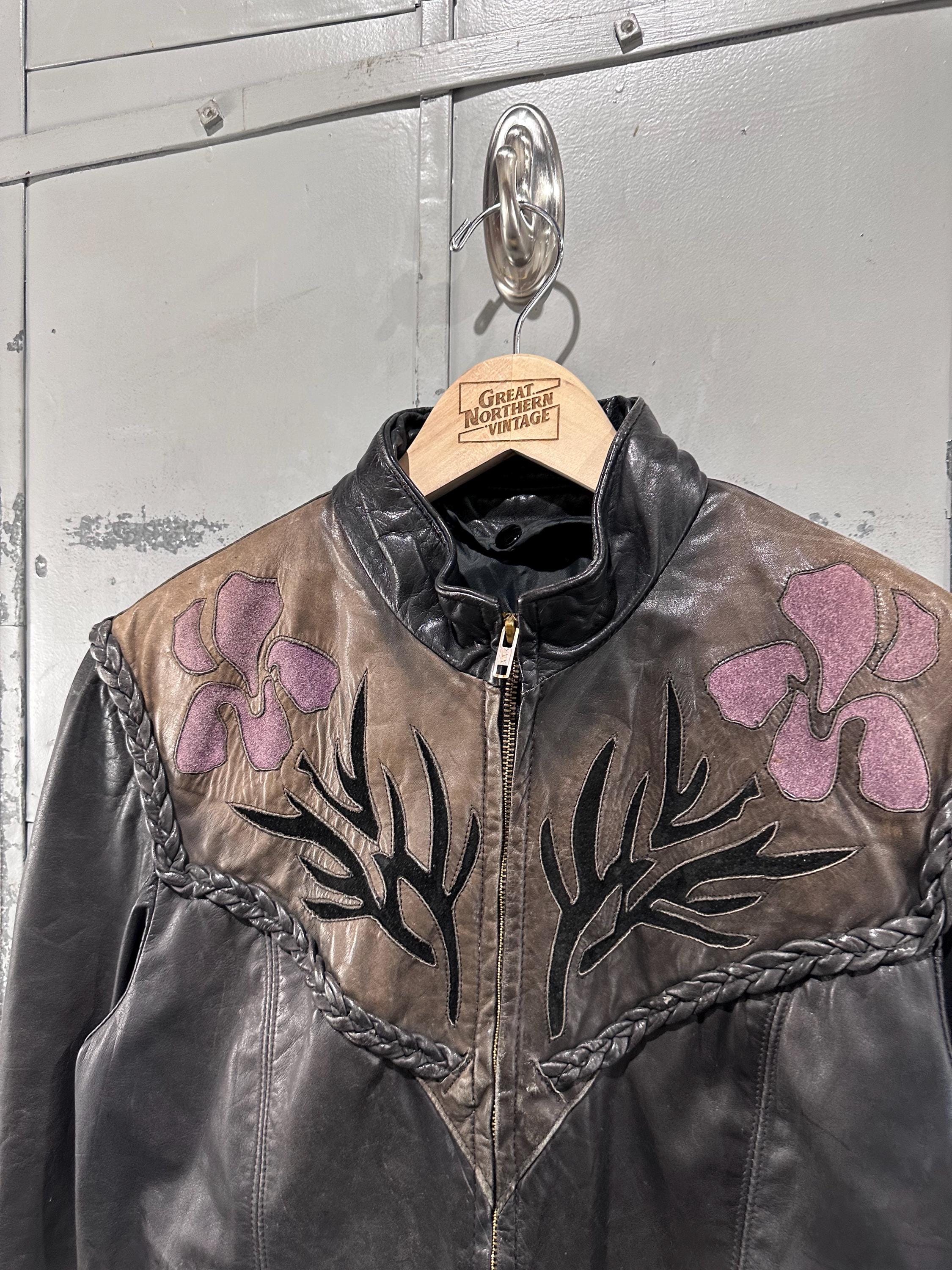 Vintage 90s Detailed Two Tone Western Cowboy Biker Leather Zip up