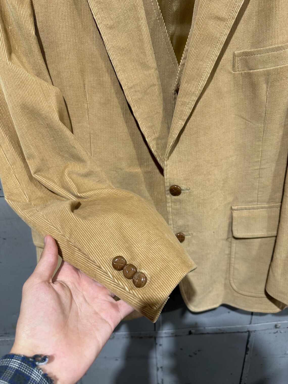 True Vintage 60s Ekstorms Mobster Classy Americana Tan Corduroy Blazer Jacket and Vest Suit Combo Set 46reg, foto 2 di 5