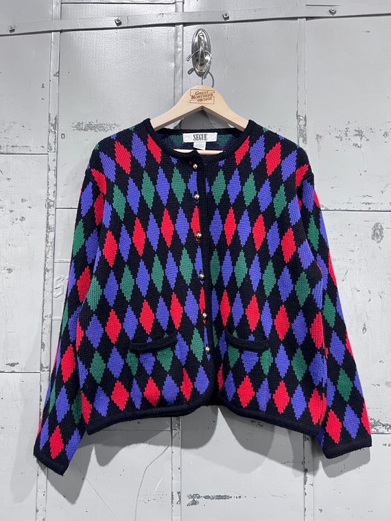 L 90s Segue Button Up Knit Sweater Womens Green Vintage Cardigan diamond pattern Grandma Cute Cottage Holiday Christmas