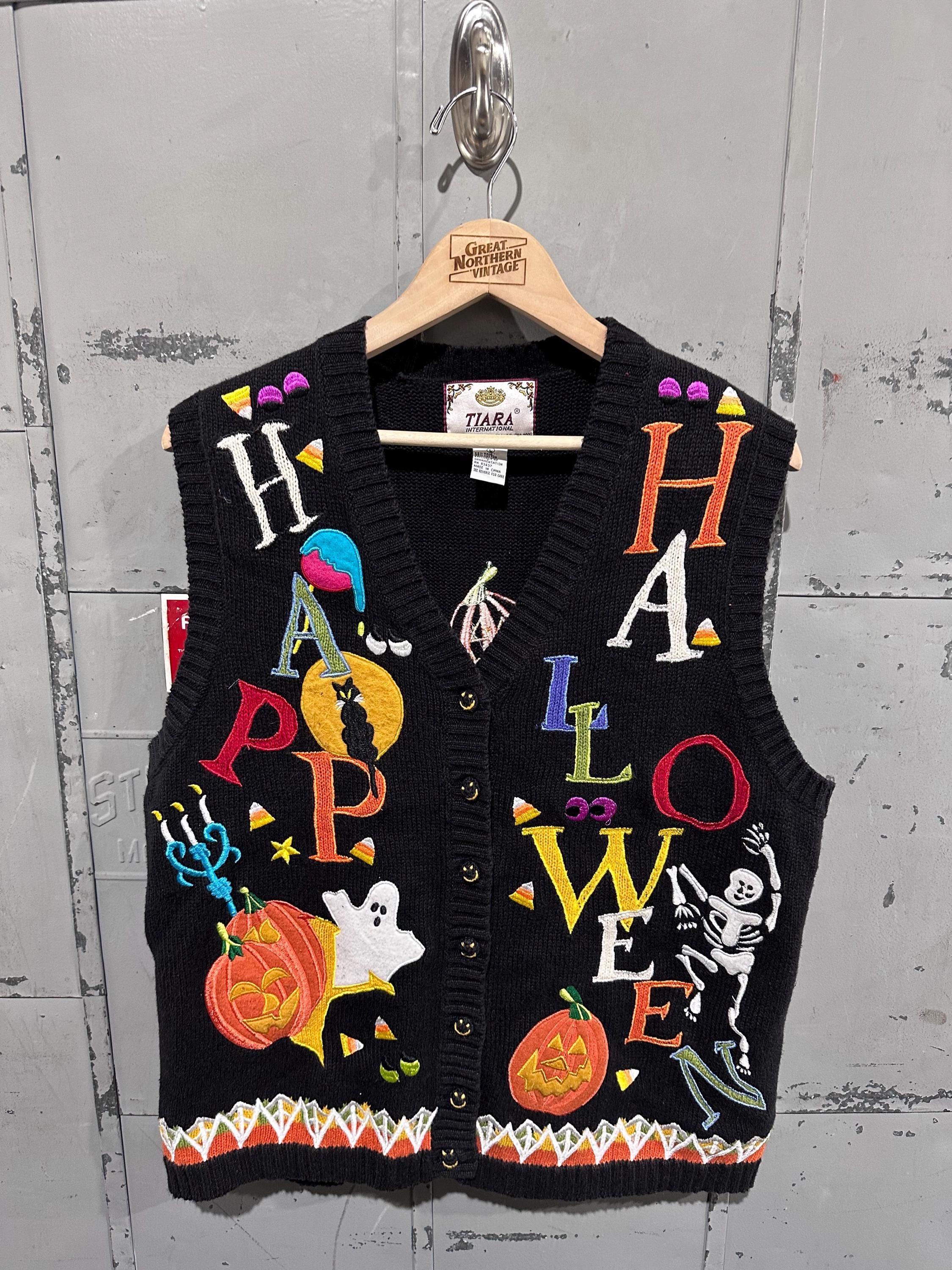 トップス 90s Vintage Tiara International Knitte Vintage 90s Tiara International HAPPY Halloween Patchwork