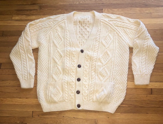 XL 90s Cable Knit Neutral Cream Cardigan Sweater Preppy Prep