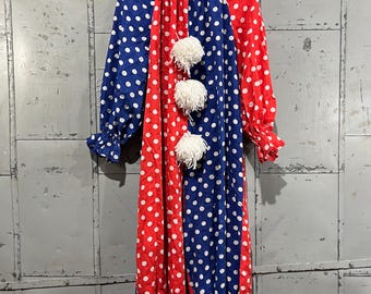 M/L 80s Vintage Halloween Costume, Homemade Cotton Circus Clown jumpsuit polka dots split Adult Medium large