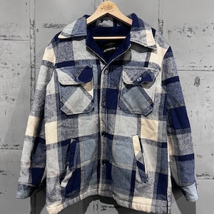 Vintage 1970s Blue Plaid Wool Sherpa lined jacket shacket Medium Flannel JcPenny  brand the bear carmy