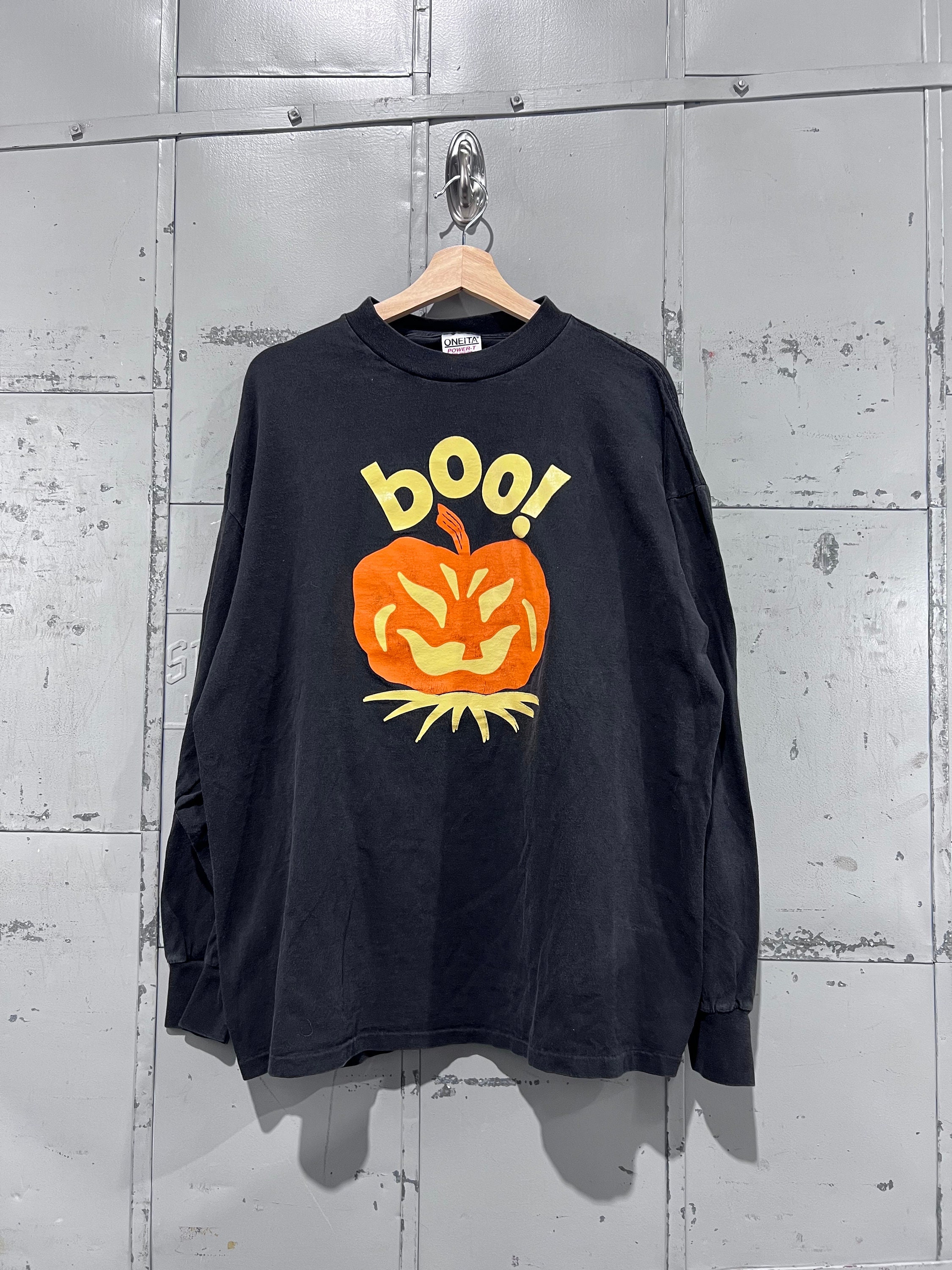 サイズ XXL 90年代ハロウィンTシャツ「ブー」パンプキンジャックオー