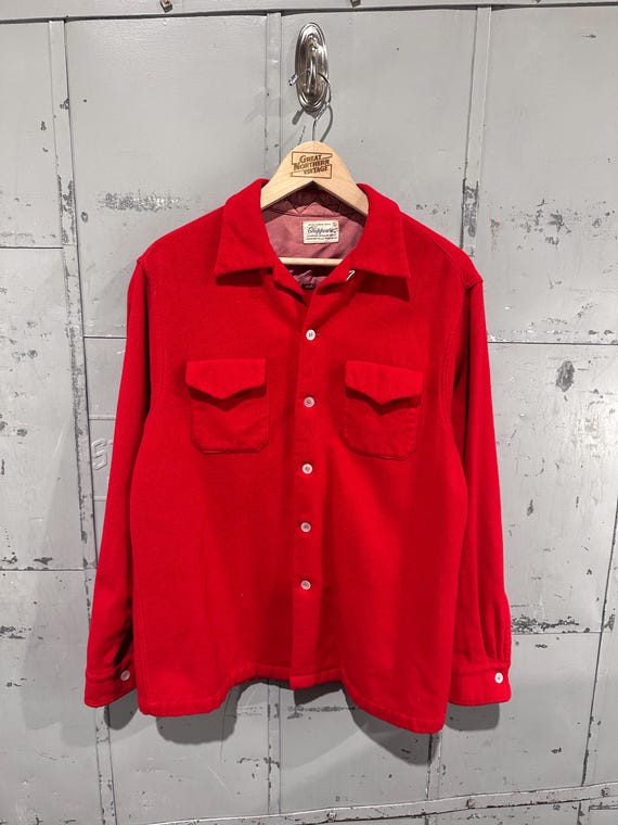 Chippewa, True Vintage 50s Chippewa Brand All Wool Cherry Red Loop Collar Rustic Cozy Button Up Shirt Large