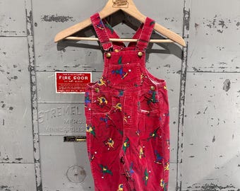 Vintage 90s Le Top Faded Cherry Red Dinosaur At Play Corduroy Cottage Core Cute Overall Bibs 2-Toddler