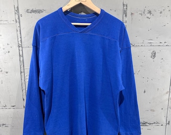 Vintage 80s Essential Royal Blue Blank Football Shirt 3/4 sleeve Athletic Pull Over Style Large