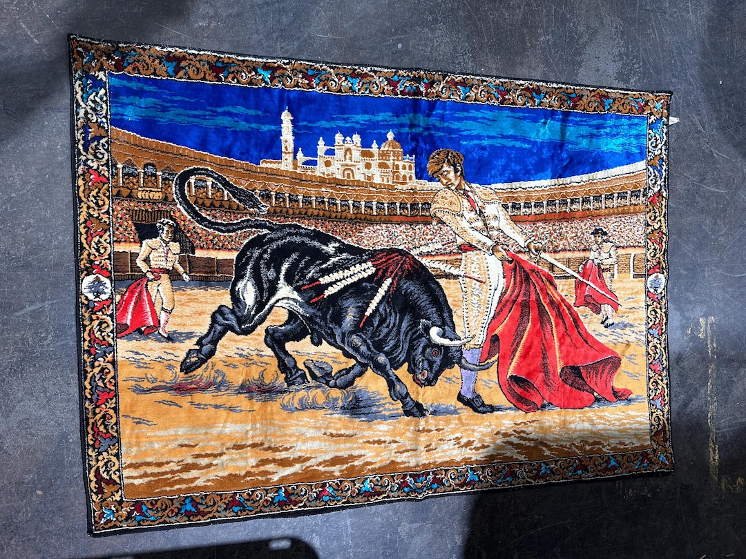 Vintage MCM Mid Century Velvet Tapestry Spain Spanish Bull Matador ...