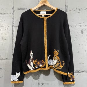 Vintage 90s Cat sweater knit cardigan 3D knit funky design