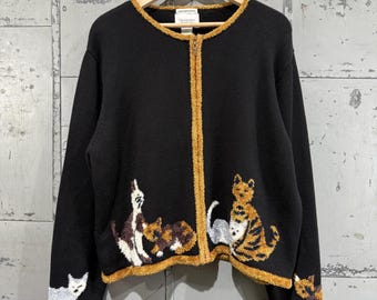 Vintage 90s Cat sweater knit cardigan 3D knit funky design