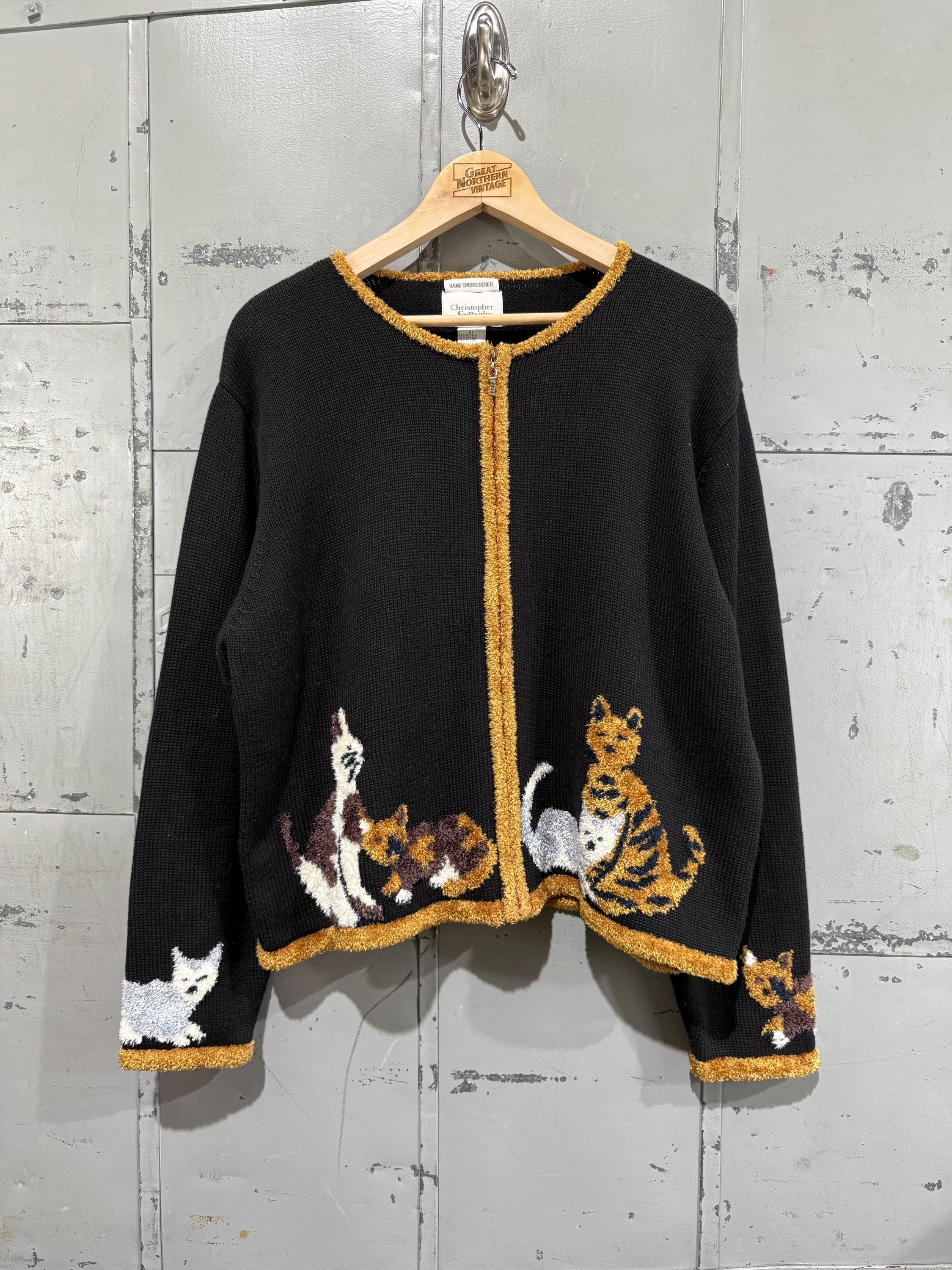 Vintage 90s Cat Sweater Knit Cardigan 3D Knit Funky Design - Etsy