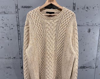 Vintage 90s Express Brand Cream Speckled Wool Blend Cozy Rustic Cable Knit Fisherman Sweater XL