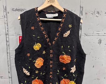 Vintage 90s Holiday Editions Halloween Cute Pumpkins Thanksgiving Autumn Outdoor Grandma Ugly Picture Knit Sweater Vest XL