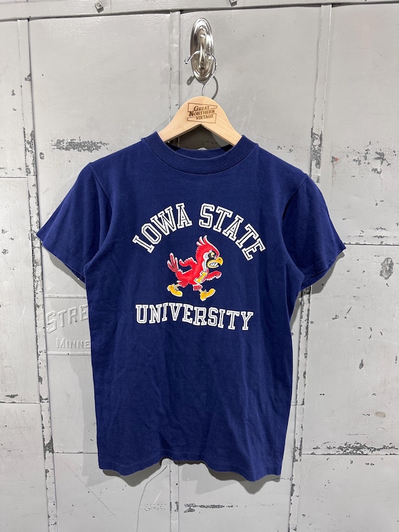 True Vintage Navy 70s Flock Print Iowa State Colligate Americana