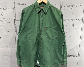 Vintage 90s Levis Strauss & Co Kelly Green Cotton Essential Western Granola Button Up Shirt Medium