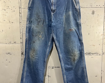 Calça jeans Carhartt Carpenter Style Work, tamanho 34x32, desgastada, usada em denim, anos 2000