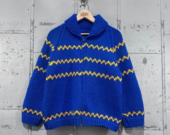 S 60s Wool sweater Wave Band Knit Zip-Up Cardigan Sweater blue and yellow Small 1970s 1960s Cool Design Fall Autumn