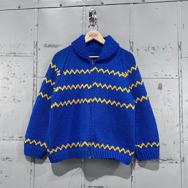 S 60s Wool Cowichan Wave Band Knit Zip-Up Cardigan Sweater blue and yellow Small 1970s 1960s Cool Design Fall Autumn