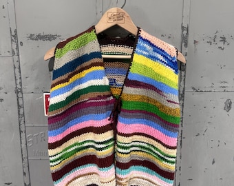 Vintage 90s Homemade Hand Knot Crotchet Rainbow Vibrant Multi Colored Cardigan Sweater Vest Medium