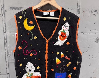 Maglione gilet lavorato a maglia grande vintage anni '90 con colori Carolina, Halloween, zucche carine e fantasmi, autunno, all'aperto, nonna, immagine brutta