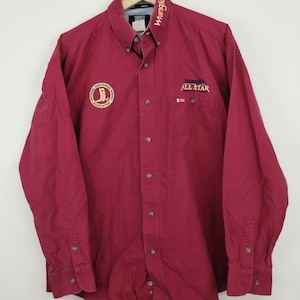 L 90s Wrangler All Star Rodeo Team Maroon Cotton Shirt Large 1990s 1980s Cowboy Bull Riding Western Button Up Down
