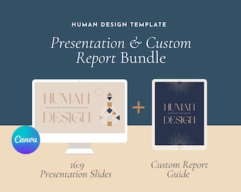 May include: A digital marketing bundle for Human Design practitioners. The bundle includes a 16:9 presentation template with a geometric design and a custom report guide with a starburst design. The presentation template is shown on a computer screen and the report guide is shown on a tablet.