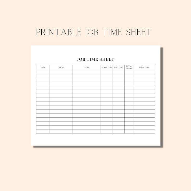 Printable Job Time Sheet, Task Sheet, Client Job Sheet, Work Time ...