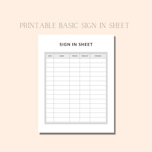 Printable Basic Sign In Sheet, Sign in and Sign Out Sheet, Digital Download