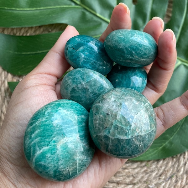 Gorgeous Amazonite Palm Stone Polished Gemstone Meditation Stones Pillow Worry Crystal Round Blue Color Carving Rock