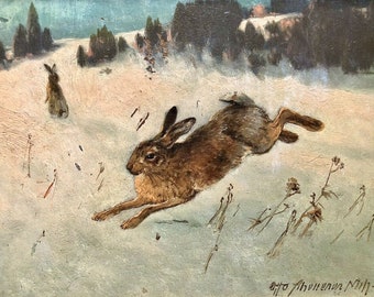 ID No.184 Antique Vintage German oil painting animal rabbit bunny "Hare in The Snow" on board signed naive folk art Christmas gift