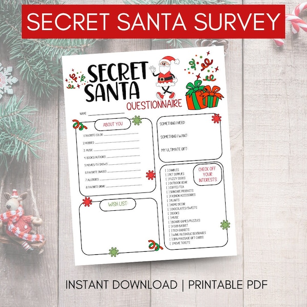 Printable Secret Santa Questionnaire, Secret Santa Survey, Christmas Party, Work Secret Santa, Gift Exchange List instant download