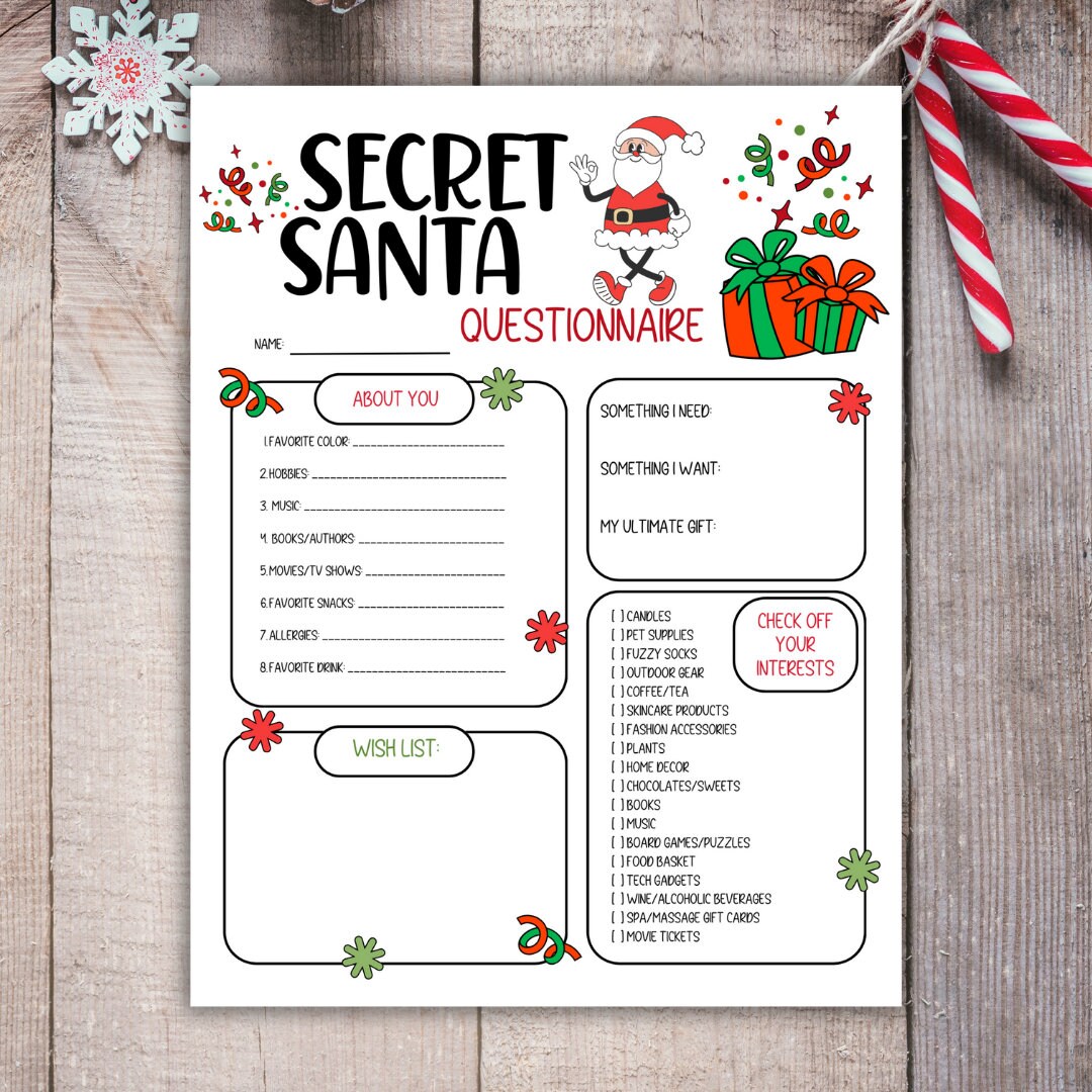 Printable Secret Santa Questionnaire, Secret Santa Survey, Christmas Party, Work Secret Santa ...