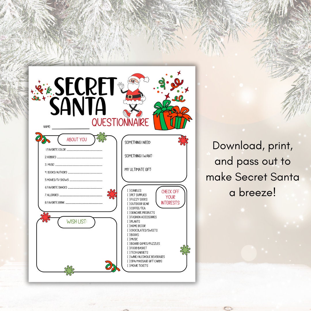 Printable Secret Santa Questionnaire, Secret Santa Survey, Christmas Party, Work Secret Santa ...
