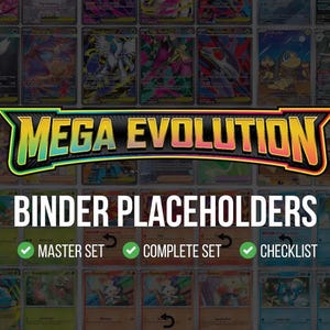 May include: A digital graphic featuring a grid of colorful trading cards in the background. The text MEGA EVOLUTION appears in a bold, stylized font, followed by BINDER PLACEHOLDERS and three green checkmarks labeled MASTER SET, COMPLETE SET, and CHECKLIST.