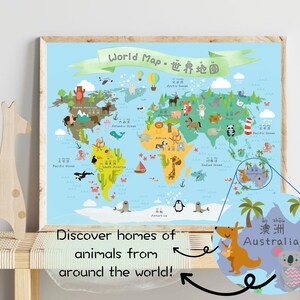 Kinder Weltkarte Poster | Lerne Chinesisch |Kids Lernposter |Chinesisches Poster | Tiere aus aller Welt |Tier Poster |Chinesische Klasse