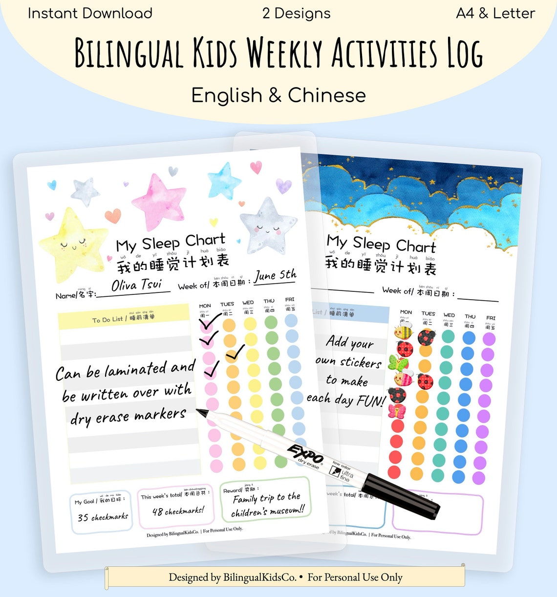 Bilingual Kids Sleep Chart Printable | Editable PDF | Preschool Routine ...