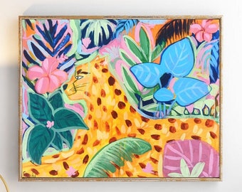 Tropical Cheetah Original handmade acrylic painting l Green, Orange, Pink Wall Art