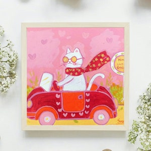 子供部屋のかわいい装飾 | 子供部屋のアート | 白い猫の車のオリジナル手作りアクリル画 | 子供部屋の動物の壁アート | 面白いアートワーク
