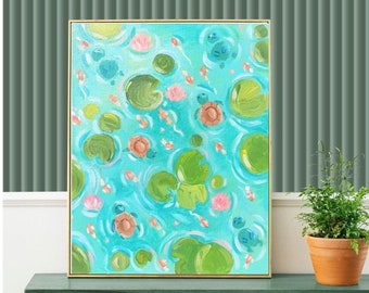 Swimming Turtles, Koi Fishes Original Acrylic Handmade Painting On Canvas | Sea Art, Home Decor, Gift | Blue Green Wall Decor