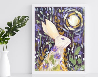 Rabbit In Flower Field Original handmade Acrylic painting | Purple, yellow Wall Decor