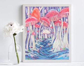 Original Handmade Mushroom Forest Landscape Painting | Fantasy Painting For Home Decor And Gift