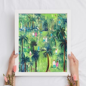 People In Tropical garden Green, Yellow Wall Art Digital Download image 1