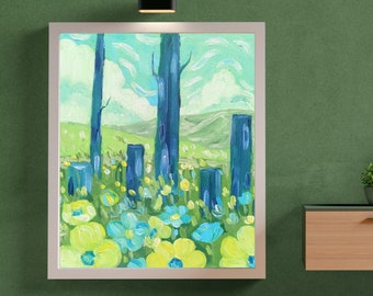 Landscape Forest Original Handmade Acrylic Painting | Scenery Painting On Canvas | Blue, Yellow Flowers, Clouds, Mountain, Trees