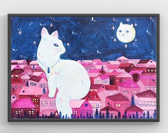 White Cat And Moon Original Handmade Acrylic Painting I Blue Pink Wall Art