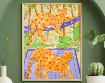 Large Cheetah Original handmade acrylic painting l Green, Orange Wall Art