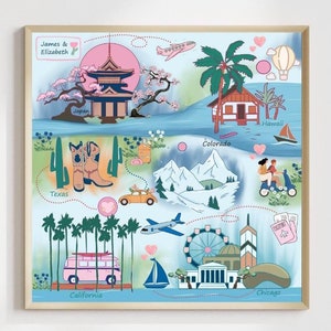 Personalisierte Reiseabenteuer Karten Illustration | Bunte Reiseerinnerungen Illustration | Benutzerdefinierte Reisekunst für Paare | Jubiläumsdruck