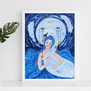 Original Handmade Acrylic Painting on Canvas With beads I Swan And Moon Blue, White Wall Art | Nursery Wall Art