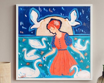 Girl and Swans Original handmade Acrylic painting On Canvas I Cottagecore Wall Art l Blue, Red Artwork