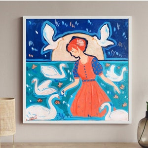 Girl and Swans Original handmade Acrylic painting On Canvas I Cottagecore Wall Art l Blue, Red Artwork image 1