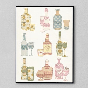 Embroidery Applique Bar Cart Hand Drawn Decor | Farmhouse Kitchen Vintage Bar Art Neutral Wall Art | Minimalist Painting Downloadable Prints